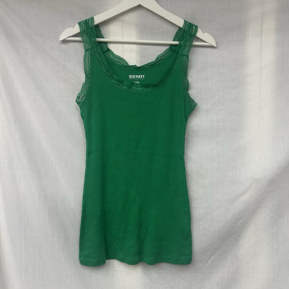 Old Navy Y2K Green Lace Trim Ribbed Fitted Tank Top Preppy Layering Sz M Medium